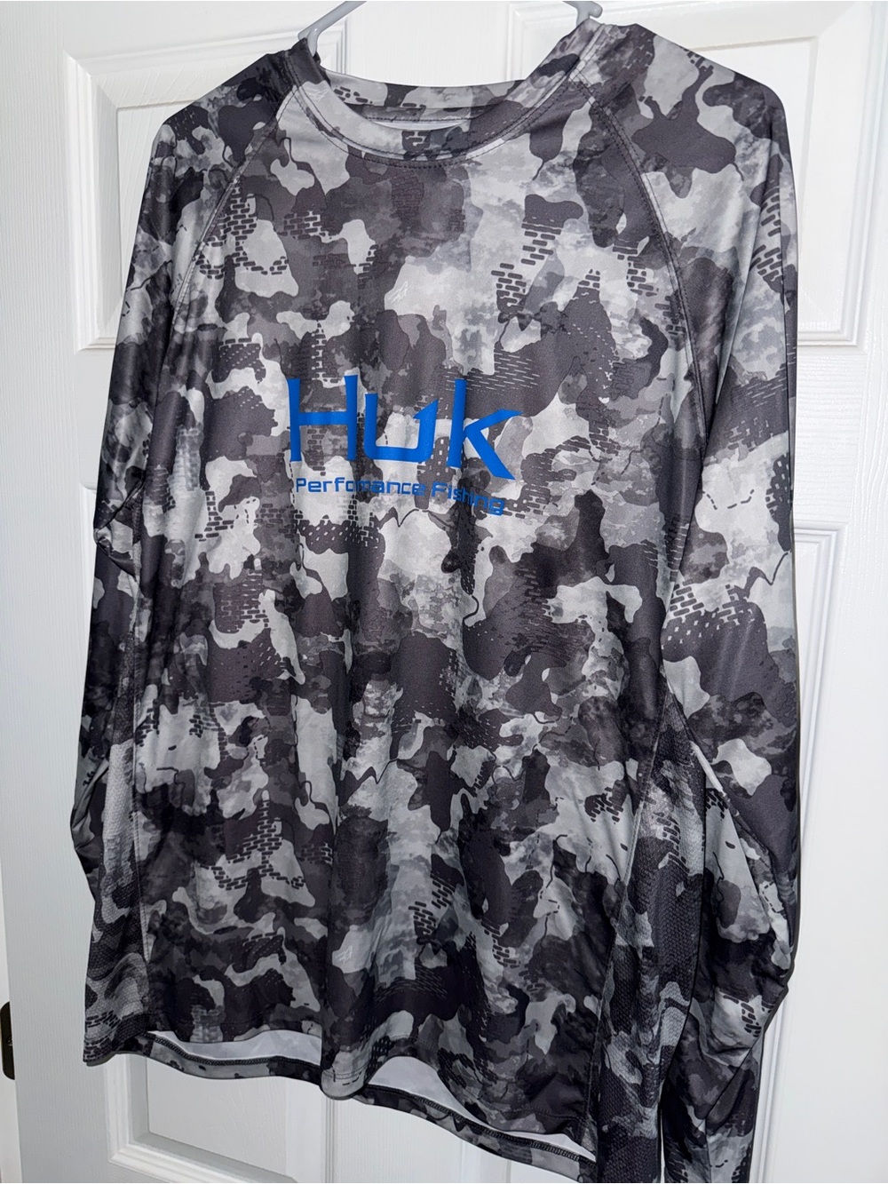 Huk Gray Camo Long Sleeve Performance Shirt with Blue Logo